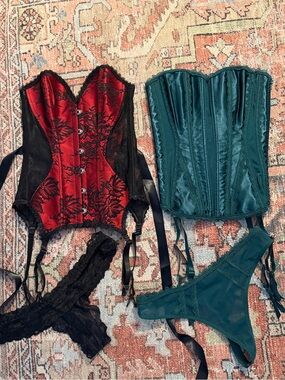 Adore Me Red & Green Floral Lace Corsets with Matching Thong